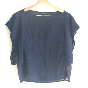 Size S - BANANA REPUBLIC Women's Navy Sheer Embroidered Short Sleeve Top